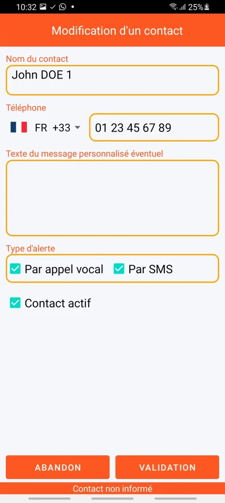 SOS Universal - ajout ou modification de contact