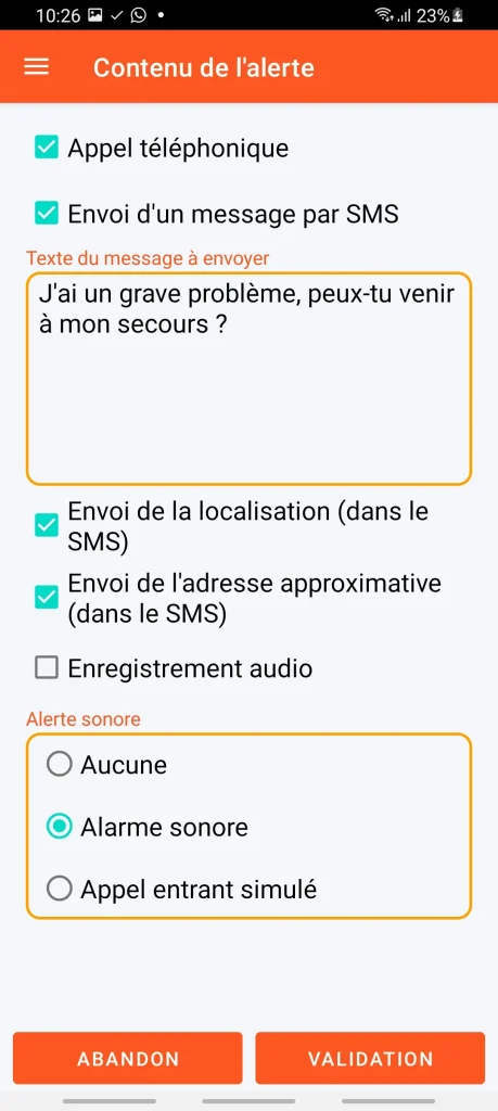 SOS Universal - contenu de l'alerte
