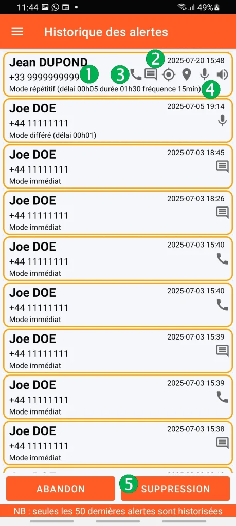 SOS Universal - historique des alertes