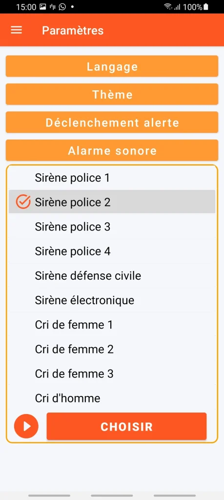 SOS Universal - paramétrage de l'alarme sonore