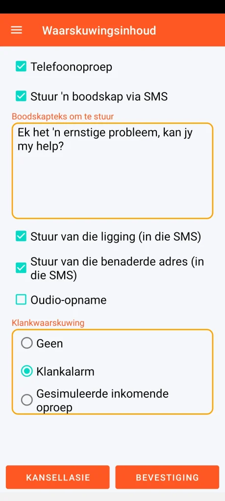 SOS Universal - waarskuwingsinhoud