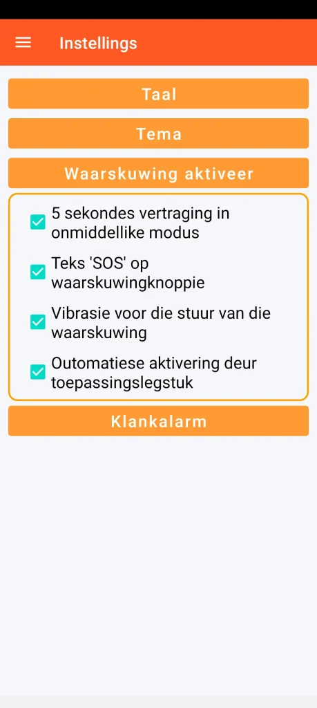 SOS Universal - waarskuwingsaktiveringskonfigurasie