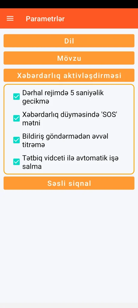 SOS Universal - bildirişin işə salınma parametrləri