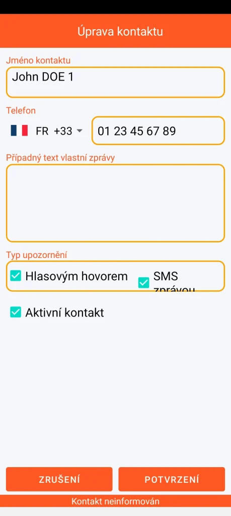 SOS Universal - přidání nebo úprava kontaktu