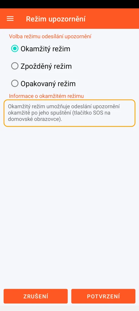 SOS Universal - okamžitý režim