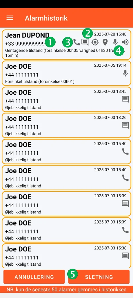 SOS Universal - alarmhistorik