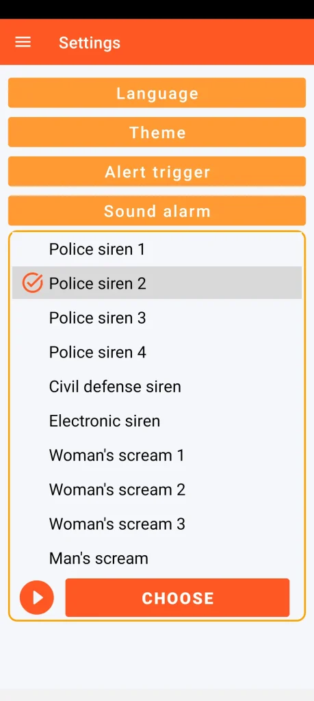 SOS Universal - sound alarm settings