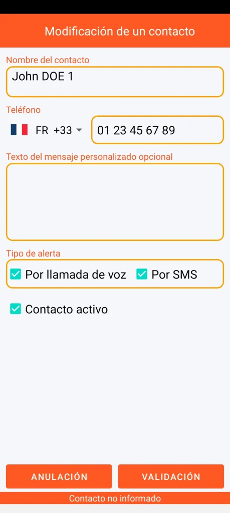 SOS Universal - añadir o modificar contacto