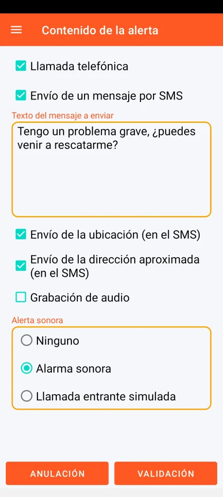 SOS Universal - contenido de la alerta