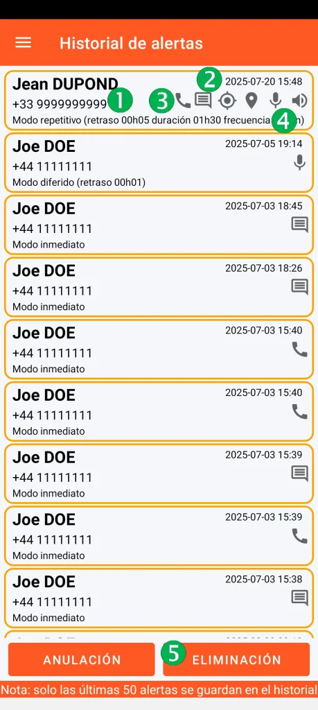 SOS Universal - historial de alertas