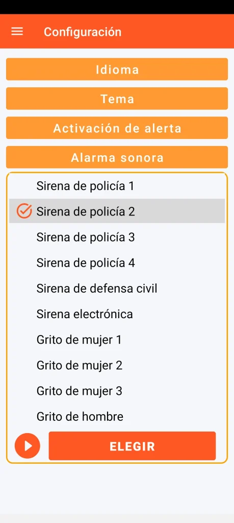 SOS Universal - configuración de la alarma sonora