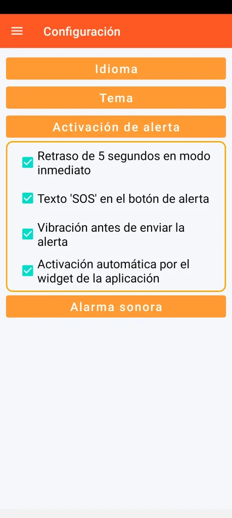 SOS Universal - configuración de la activación de la alerta