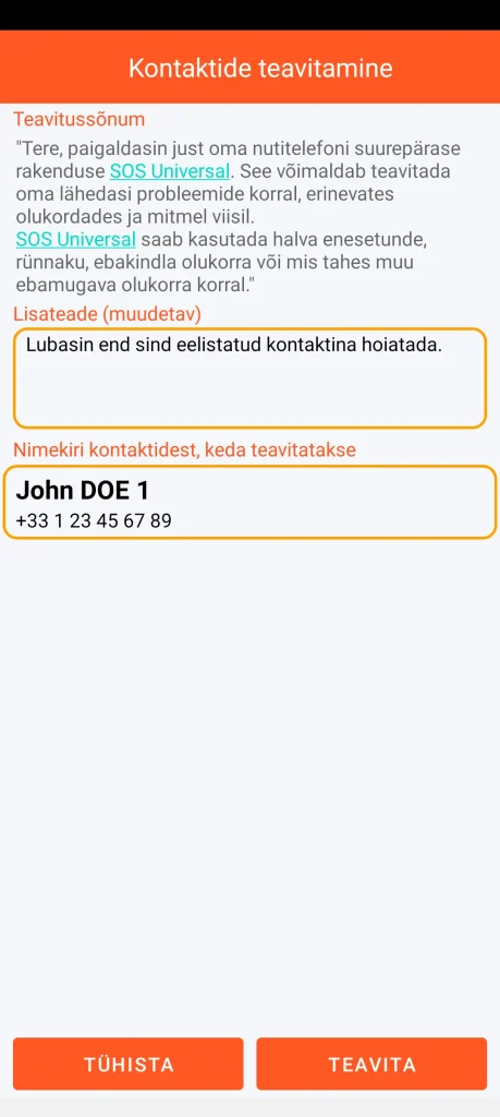 SOS Universal – kontaktide teavitamine