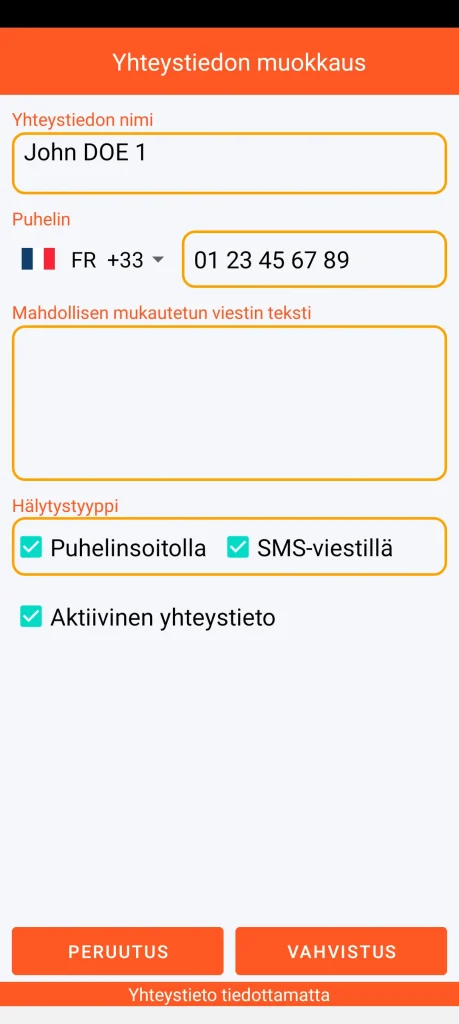 SOS Universal - yhteystiedon lisääminen tai muokkaaminen