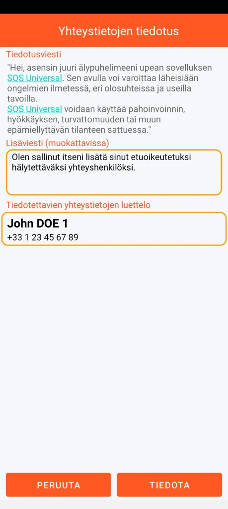 SOS Universal - yhteystietojen tiedottaminen