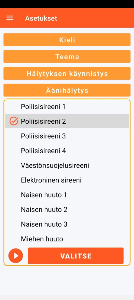 SOS Universal - äänihälytyksen asetukset