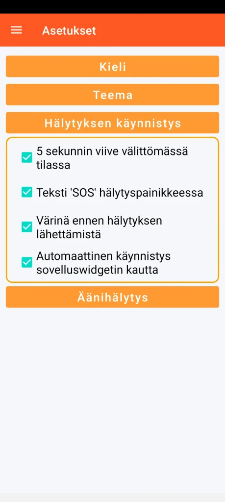 SOS Universal - hälytyksen käynnistyksen asetukset