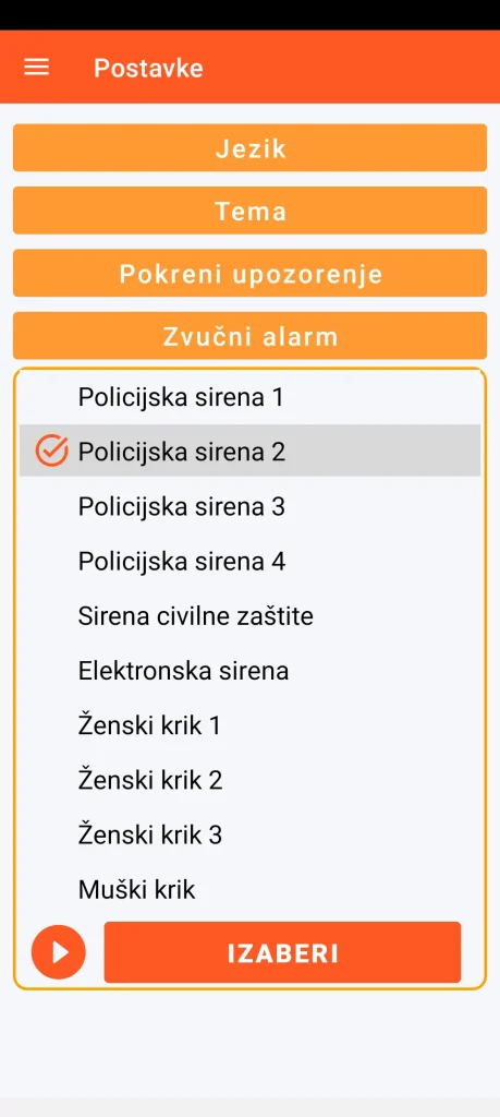 SOS Universal - postavke zvučnog alarma