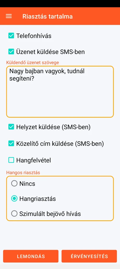 SOS Universal - riasztás tartalma