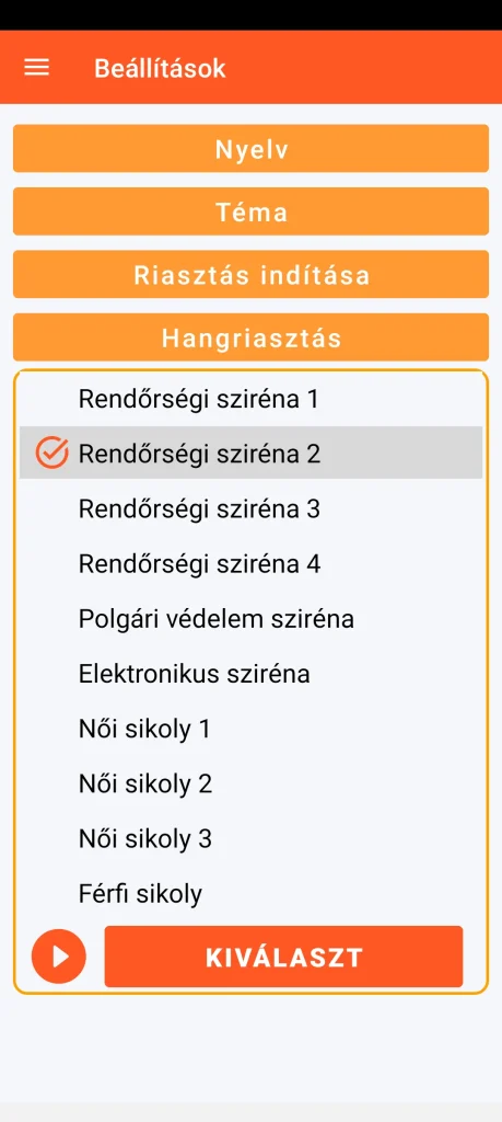 SOS Universal - hangriasztás beállításai