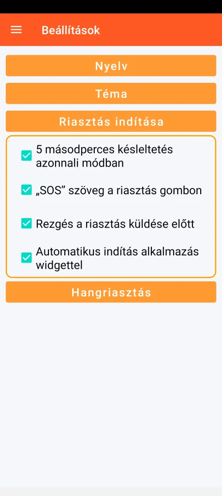 SOS Universal - riasztás indítási beállításai