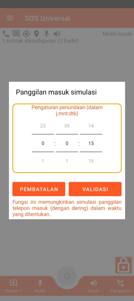 SOS Universal - panggilan masuk simulasi