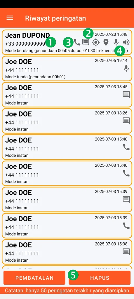 SOS Universal - riwayat peringatan