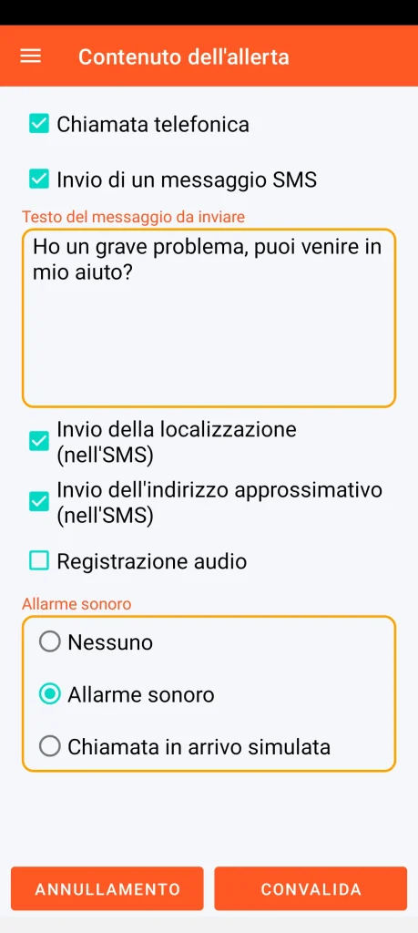 SOS Universal - contenuto dell'allerta