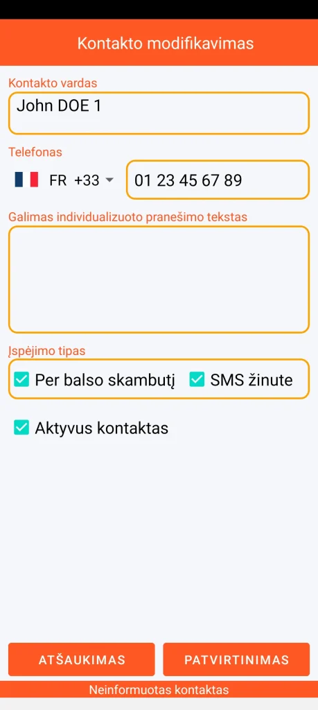 SOS Universal – kontakto pridėjimas arba keitimas