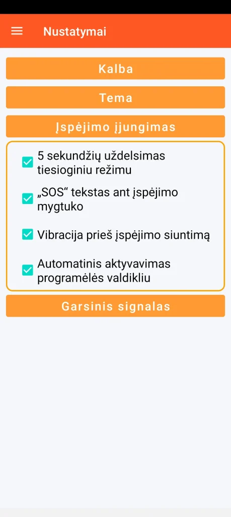 SOS Universal – įspėjimo įjungimo nustatymas