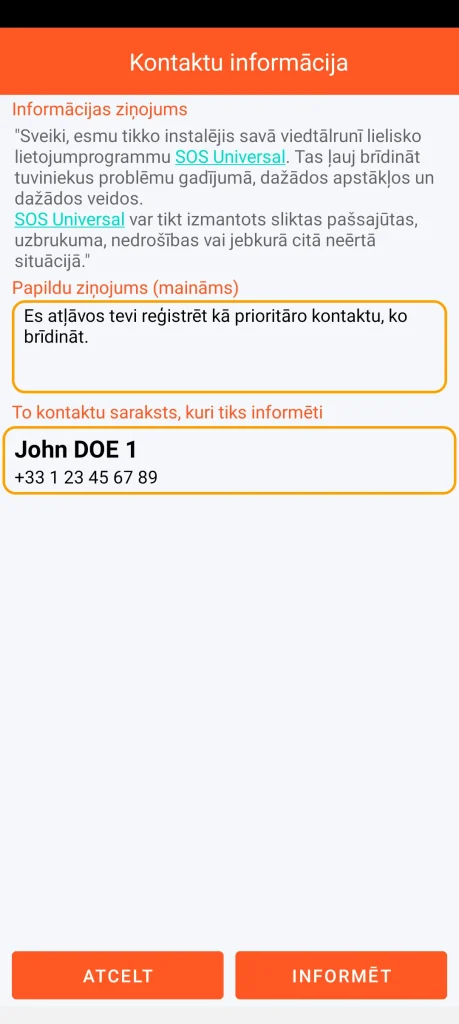 SOS Universal – kontaktu informēšana