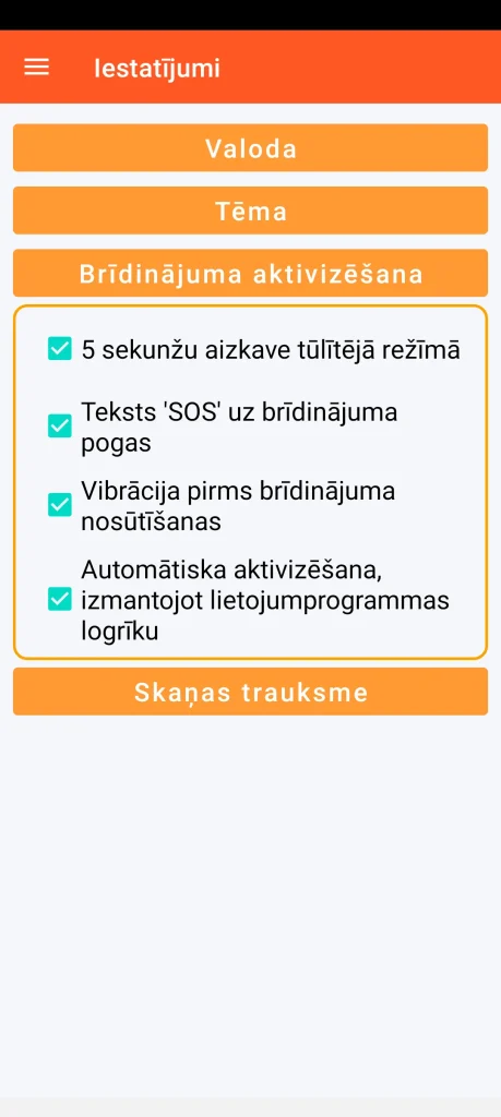 SOS Universal – brīdinājuma aktivizēšanas iestatīšana