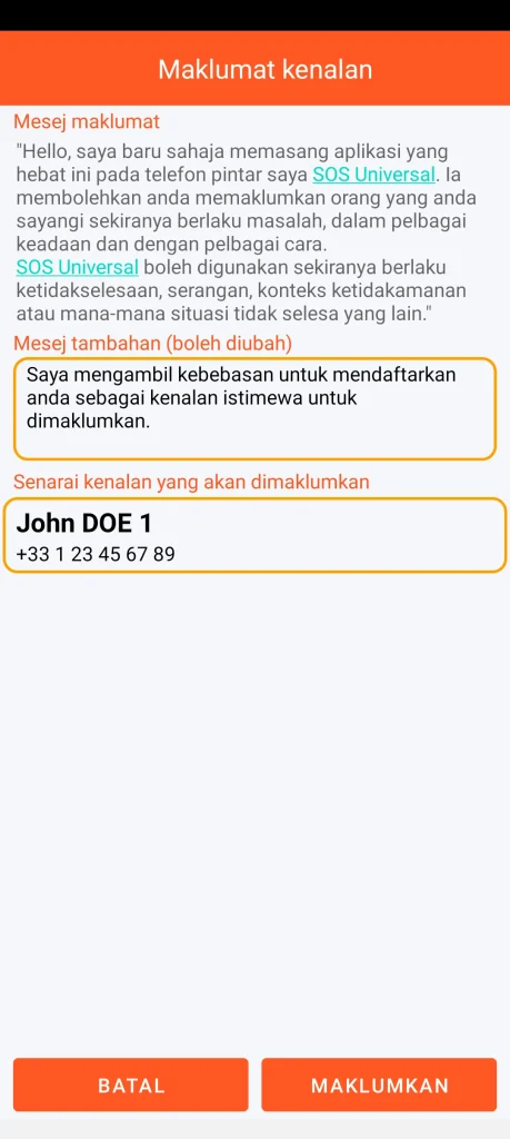 SOS Universal - maklumat kenalan