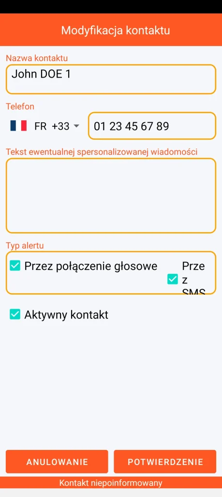 SOS Universal – dodawanie lub modyfikacja kontaktu