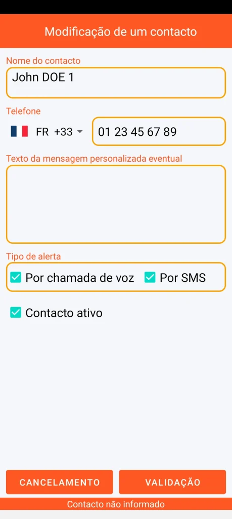 SOS Universal - adicionar ou modificar contacto