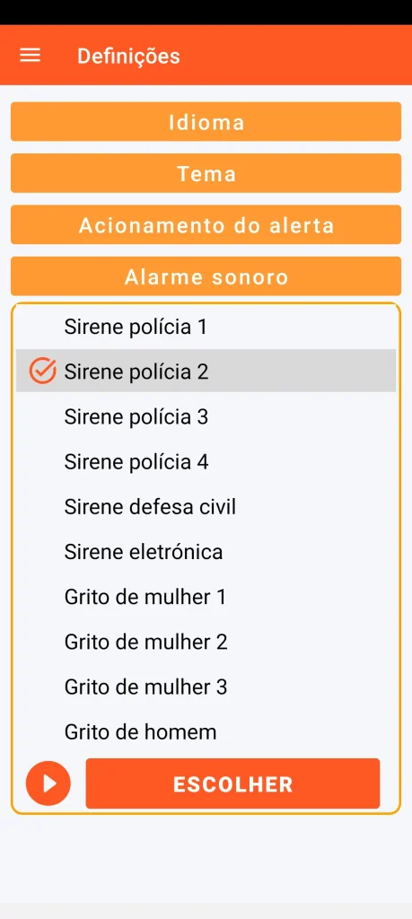 SOS Universal - configuração do alarme sonoro