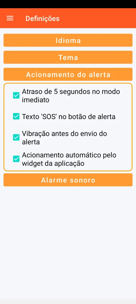 SOS Universal - configuração do acionamento do alerta