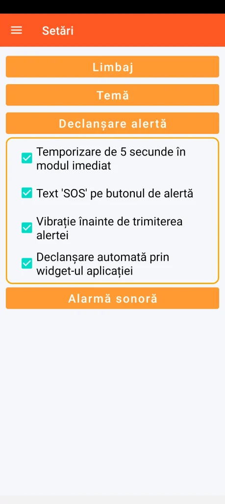 SOS Universal - setarea declanșării alertei
