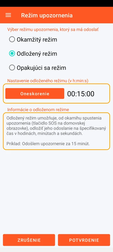 SOS Universal – odložený režim