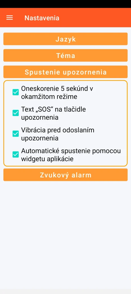 SOS Universal – nastavenie spustenia upozornenia