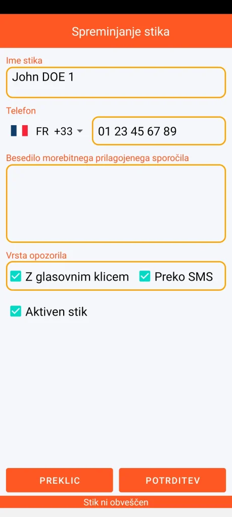 SOS Universal - dodajanje ali spreminjanje stika