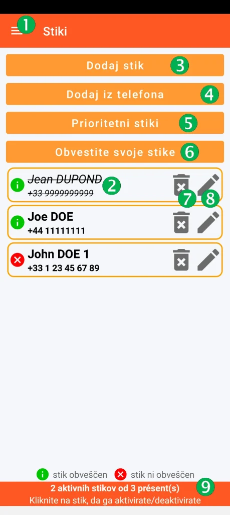 SOS Universal - upravljanje stikov