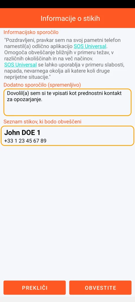 SOS Universal - obveščanje stikov