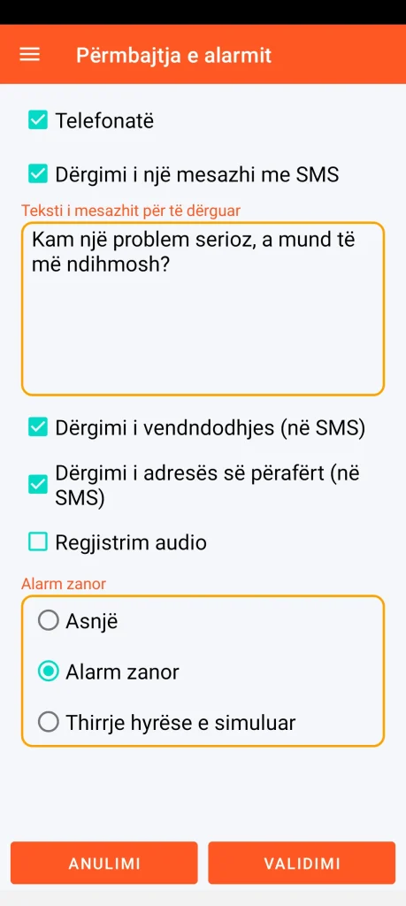 SOS Universal - përmbajtja e alarmit