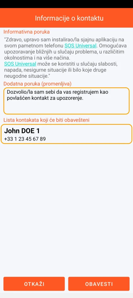 SOS Universal - informisanje kontakata