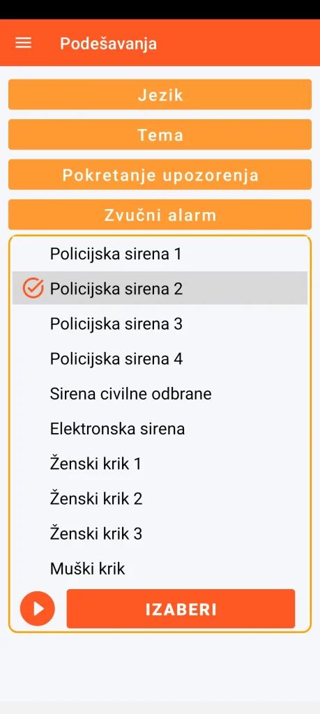 SOS Universal - podešavanje zvučnog alarma