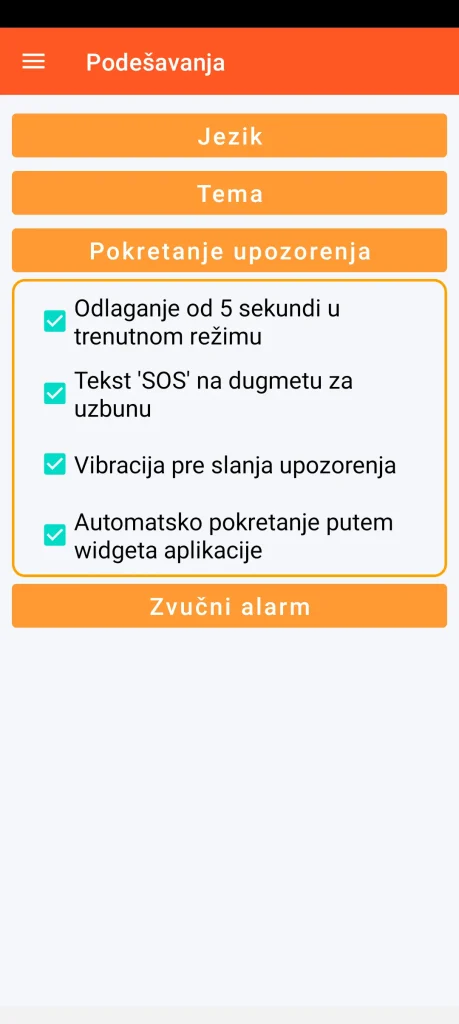 SOS Universal - podešavanje aktiviranja upozorenja