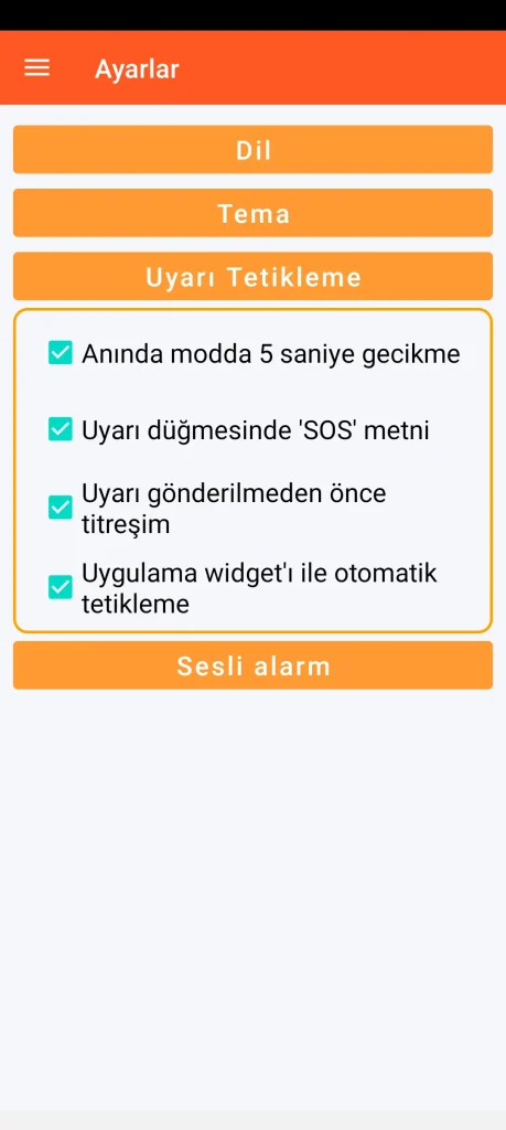 SOS Universal - uyarı tetikleme ayarları
