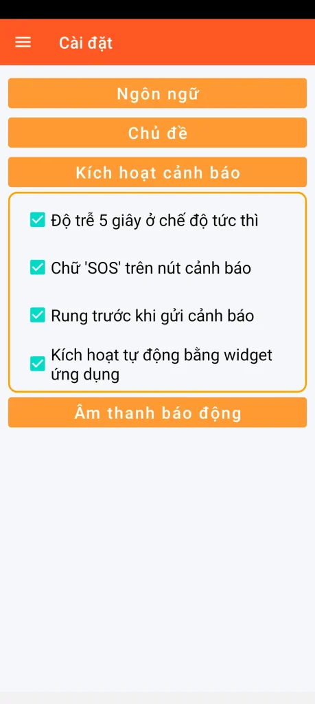 SOS Universal - cài đặt kích hoạt cảnh báo