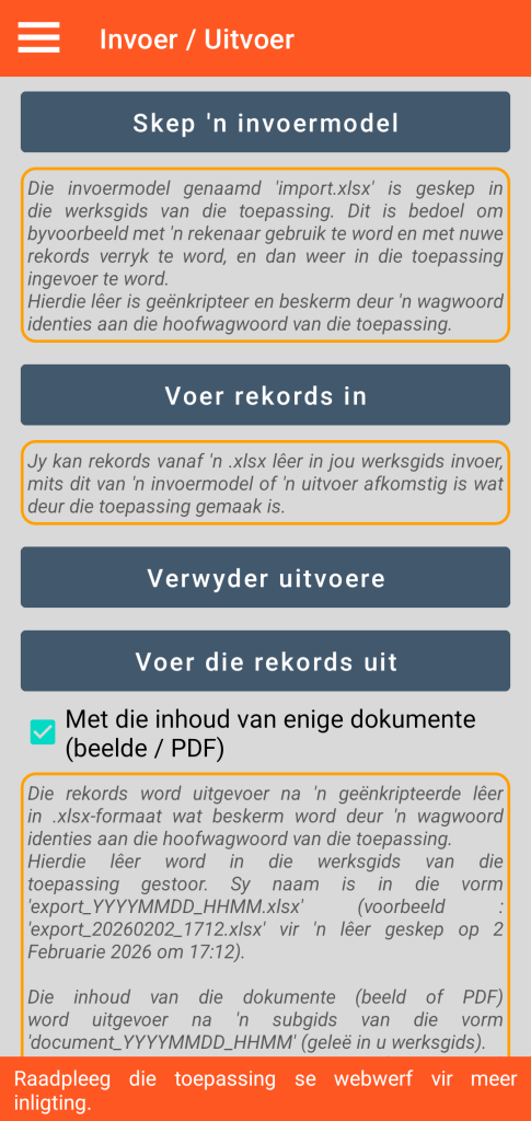 LocalSafeBox - Bestuur van die invoer / uitvoer in XLSX-formaat